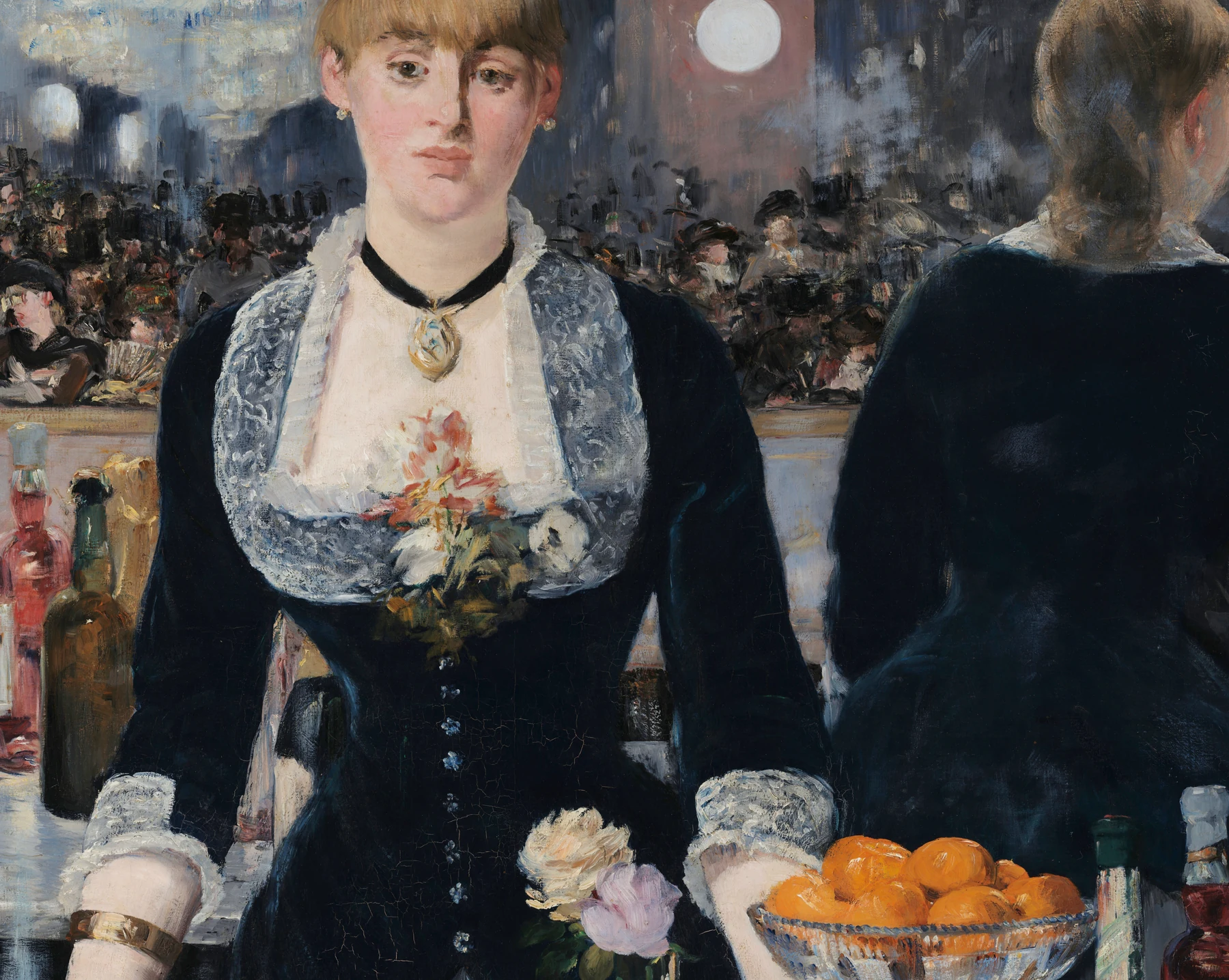 Detail crop from A Bar at the Folies-Bergère showing the barmaid and the shifted reflection