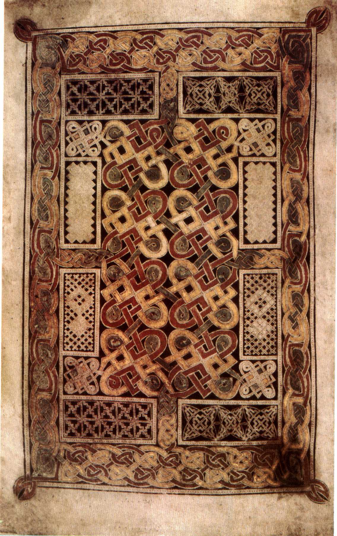 A Book of Durrow carpet page with strict geometric borders and clearly separated ornamental compartments.
