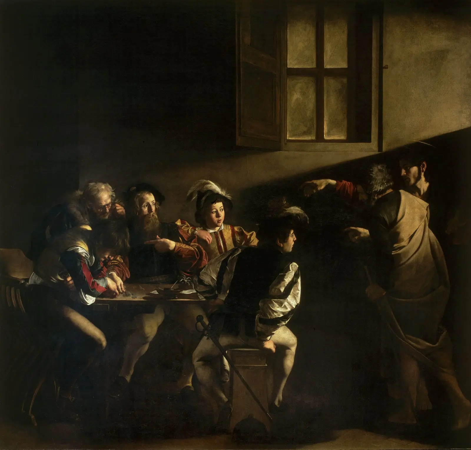 The Calling of Saint Matthew by Caravaggio, with Christ's gesture and a beam of light crossing a dark tavern interior