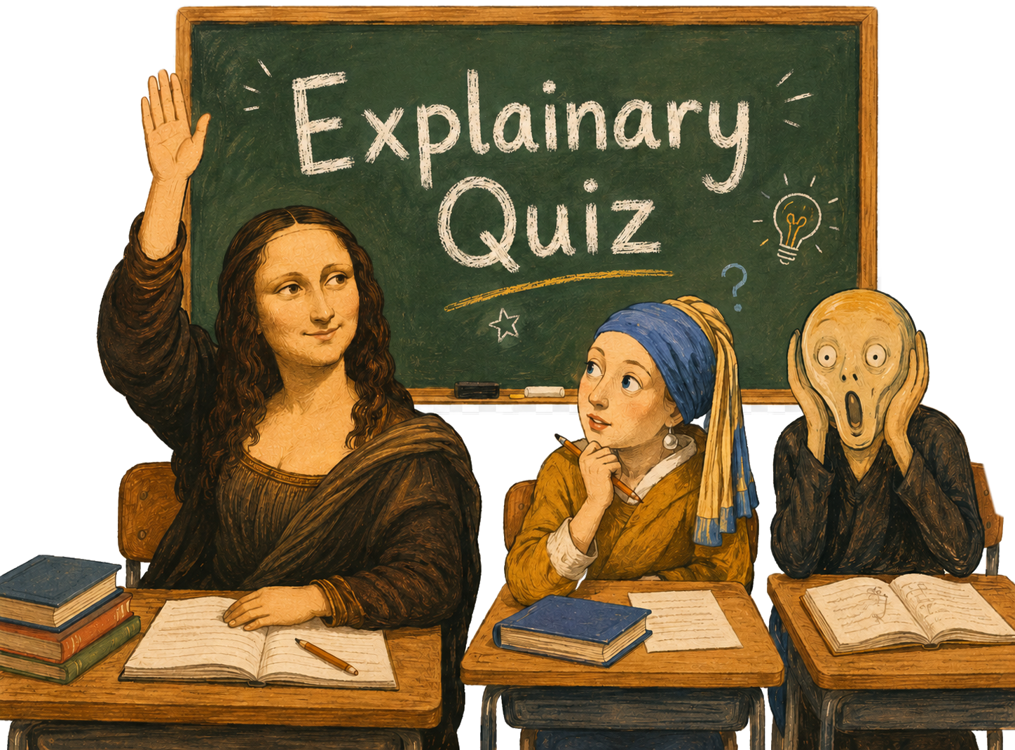Illustrated Explainary quiz classroom with art characters seated before a chalkboard