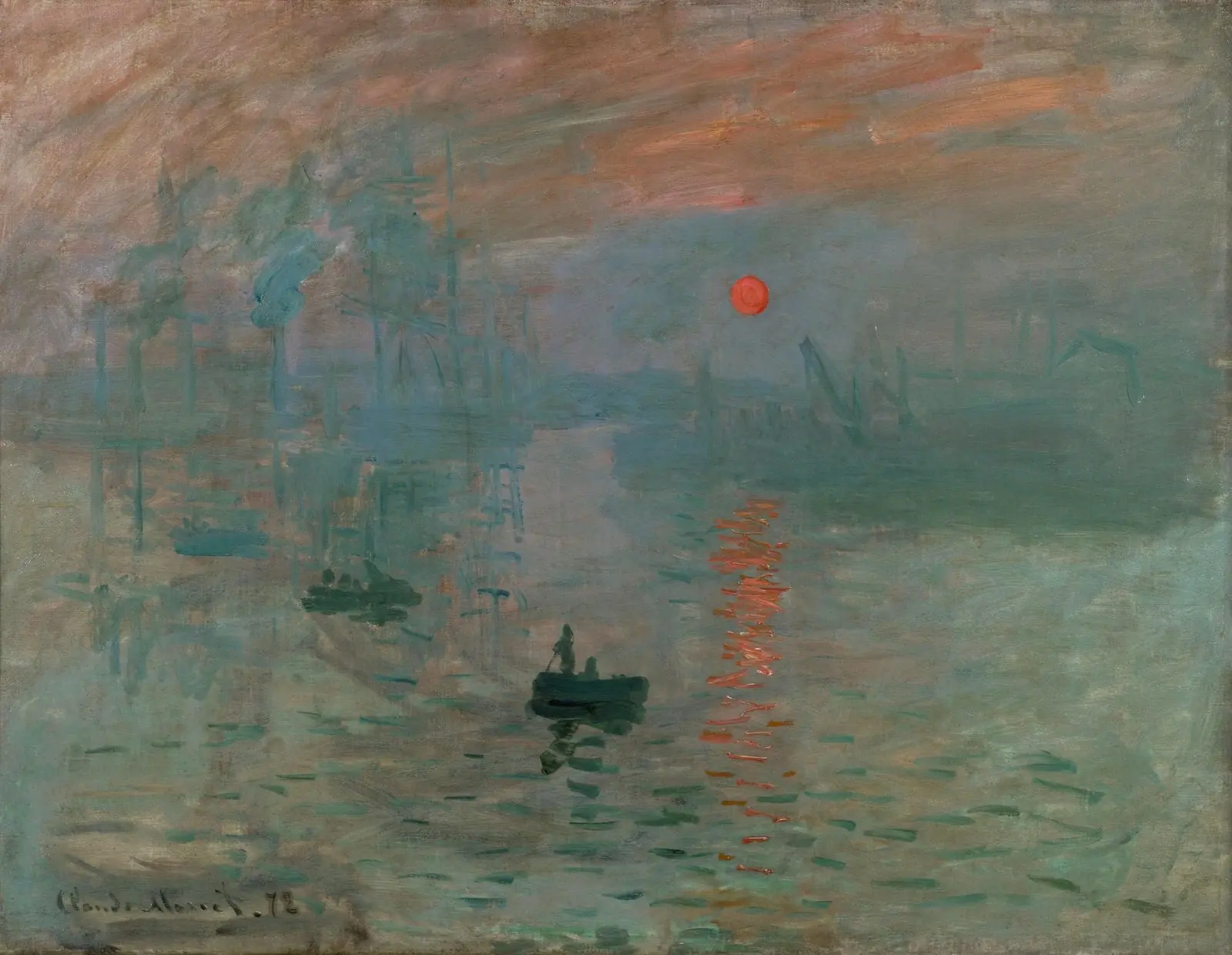 Impression, Sunrise by Claude Monet showing boats and orange sun emerging through harbor mist