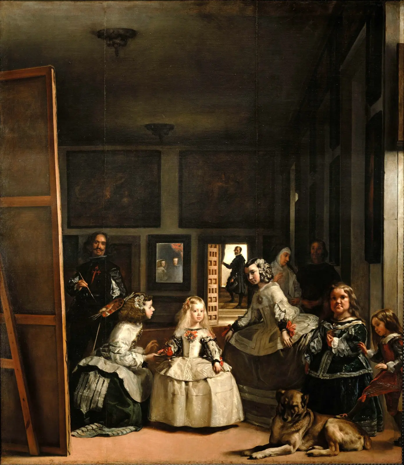 Las Meninas by Diego Velazquez, showing the infanta and her entourage in a large court room with a mirror in the background