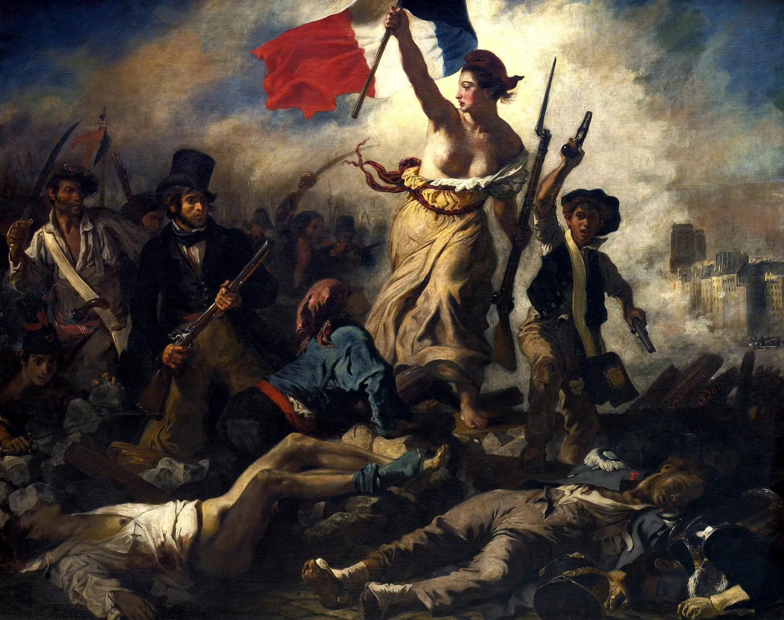 Liberty Leading the People by Eugene Delacroix, with a central female allegory carrying the tricolor flag over a barricade