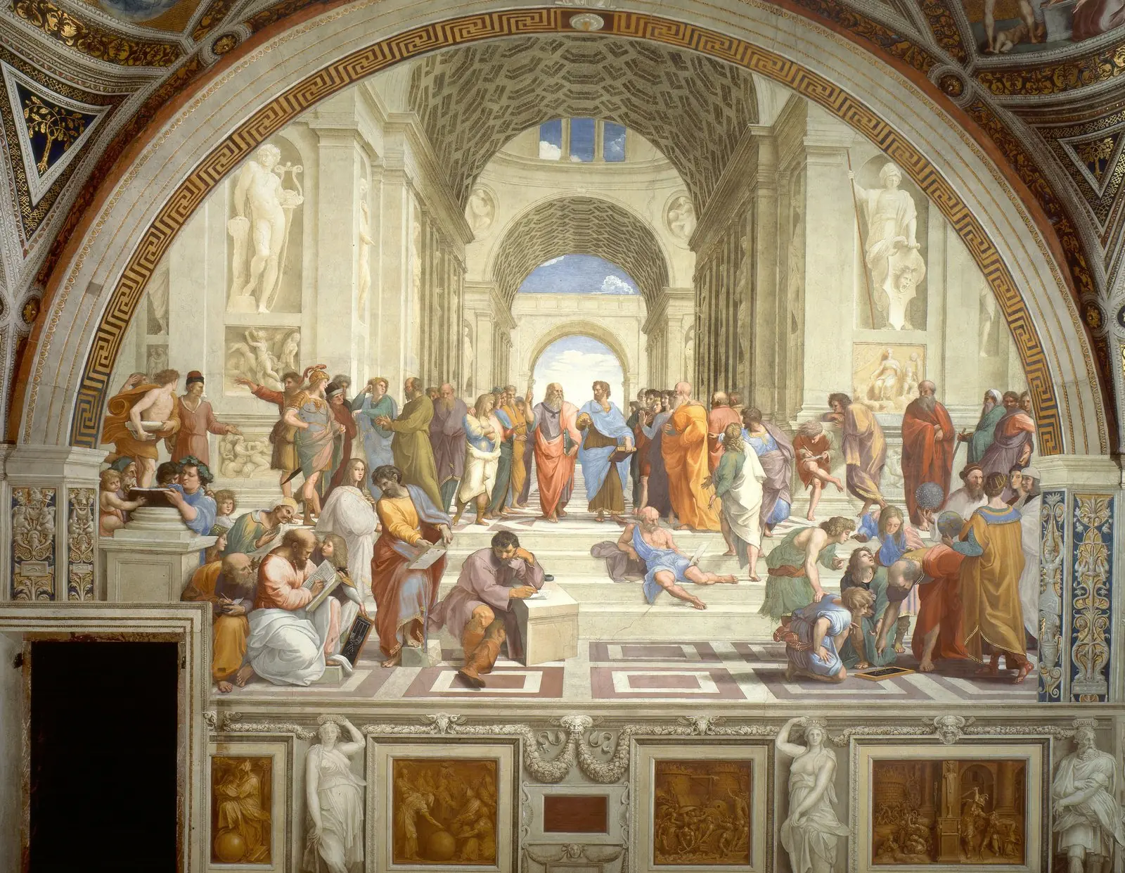 The School of Athens by Raphael, a large fresco with many philosophers arranged in a balanced architectural space