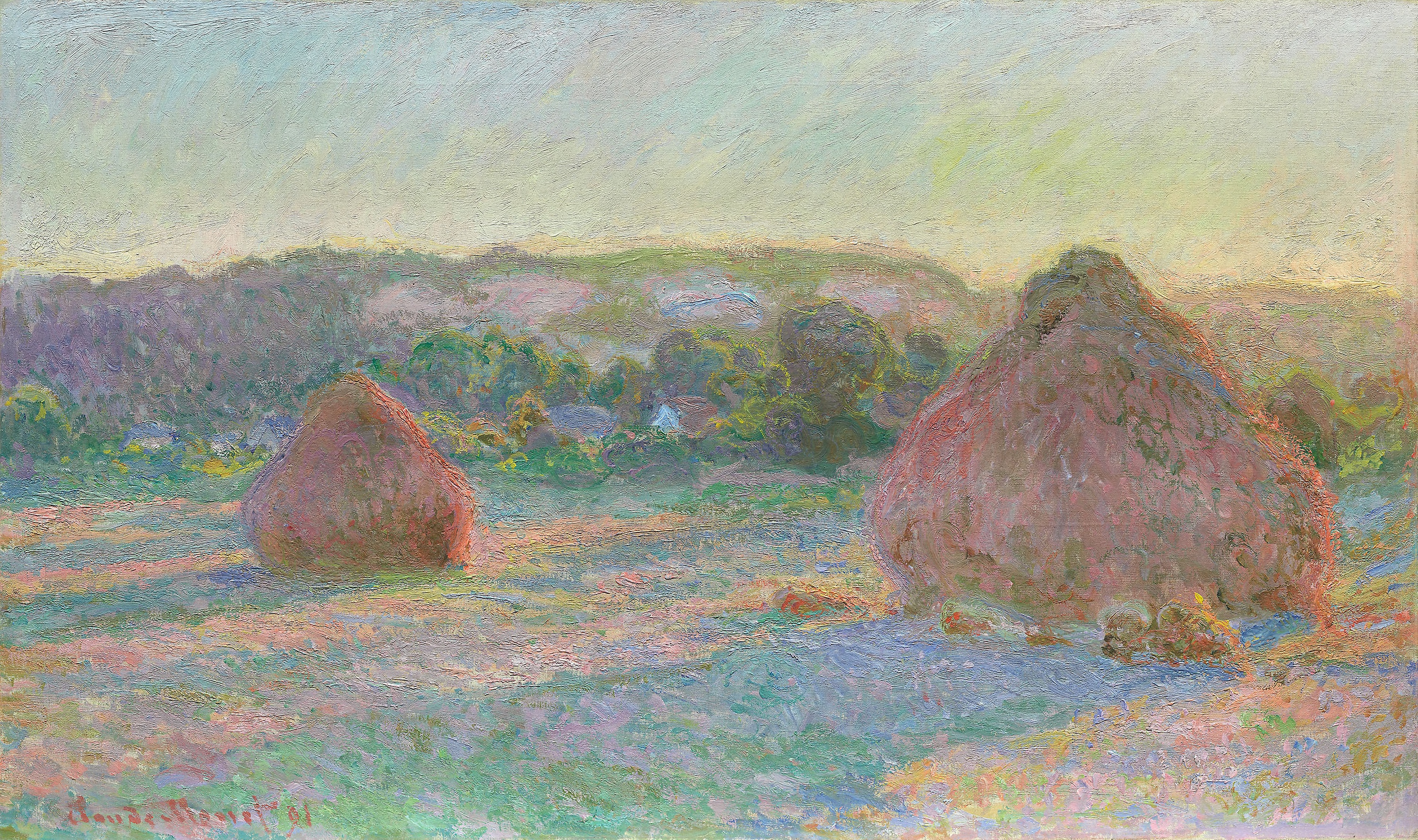 Les Meules de Claude Monet, avec deux grandes meules dans une lumière chaude