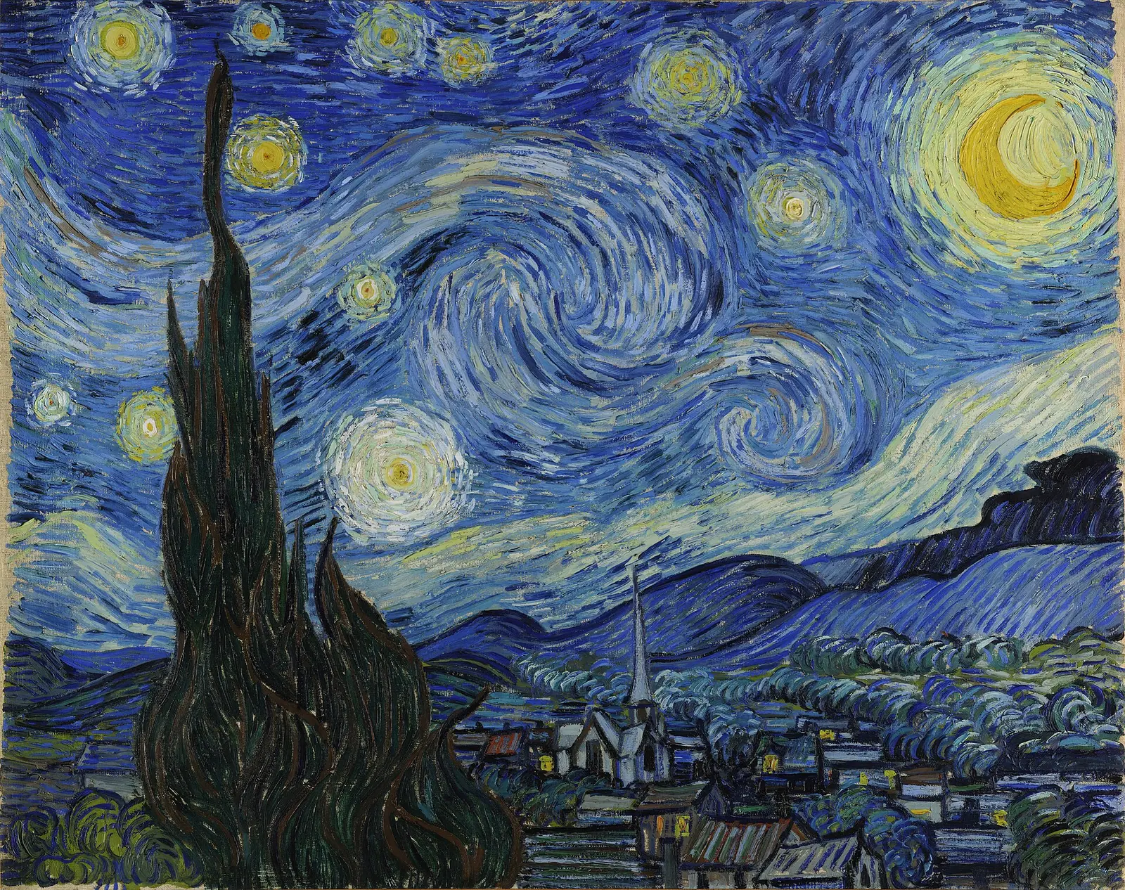 The Starry Night by Vincent van Gogh with swirling blue sky, yellow stars, and a dark cypress in the foreground