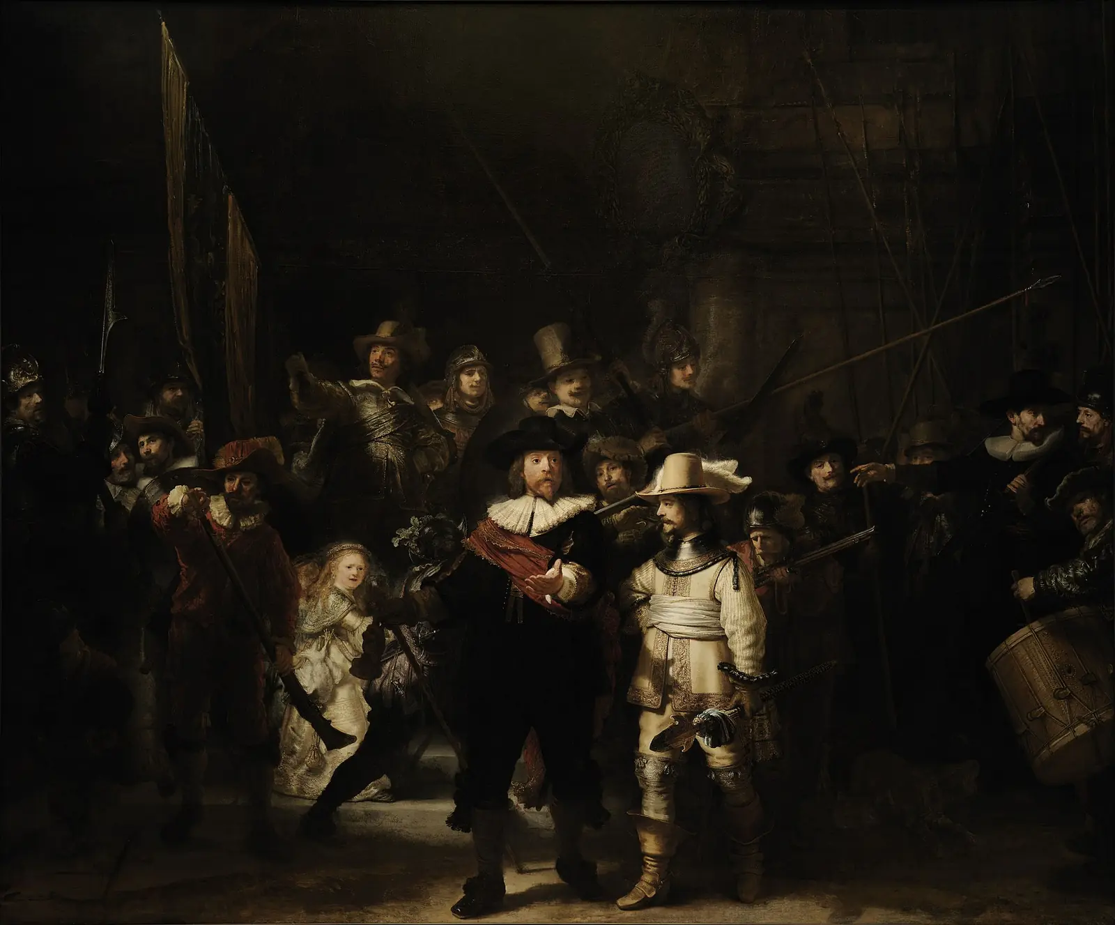 The Night Watch by Rembrandt, where patches of light move across a large militia company