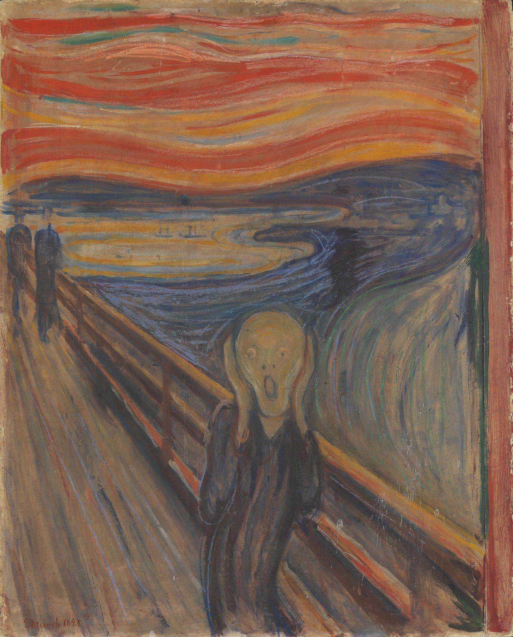 The Scream by Edvard Munch, with a twisted figure before a red sky