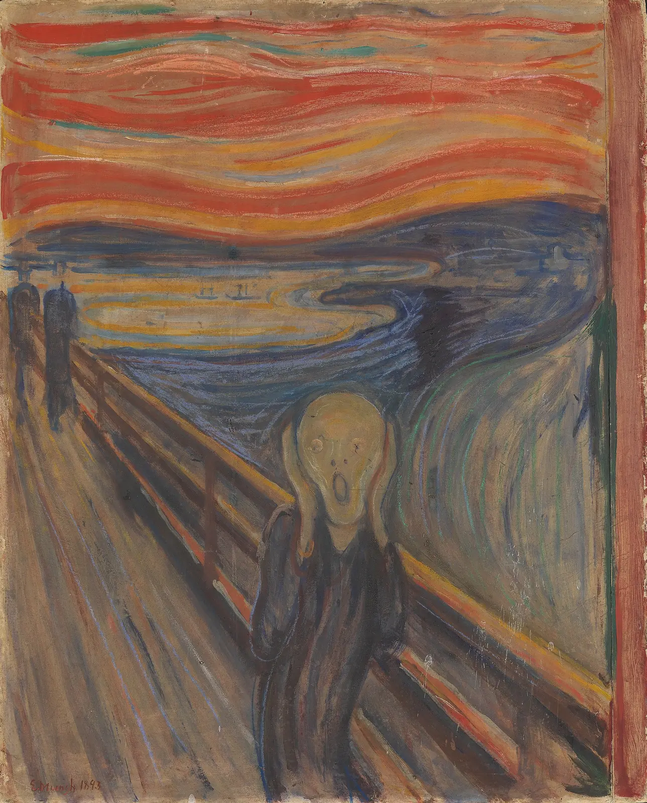 The Scream by Edvard Munch showing a figure with hands to its face beneath a turbulent red-orange sky