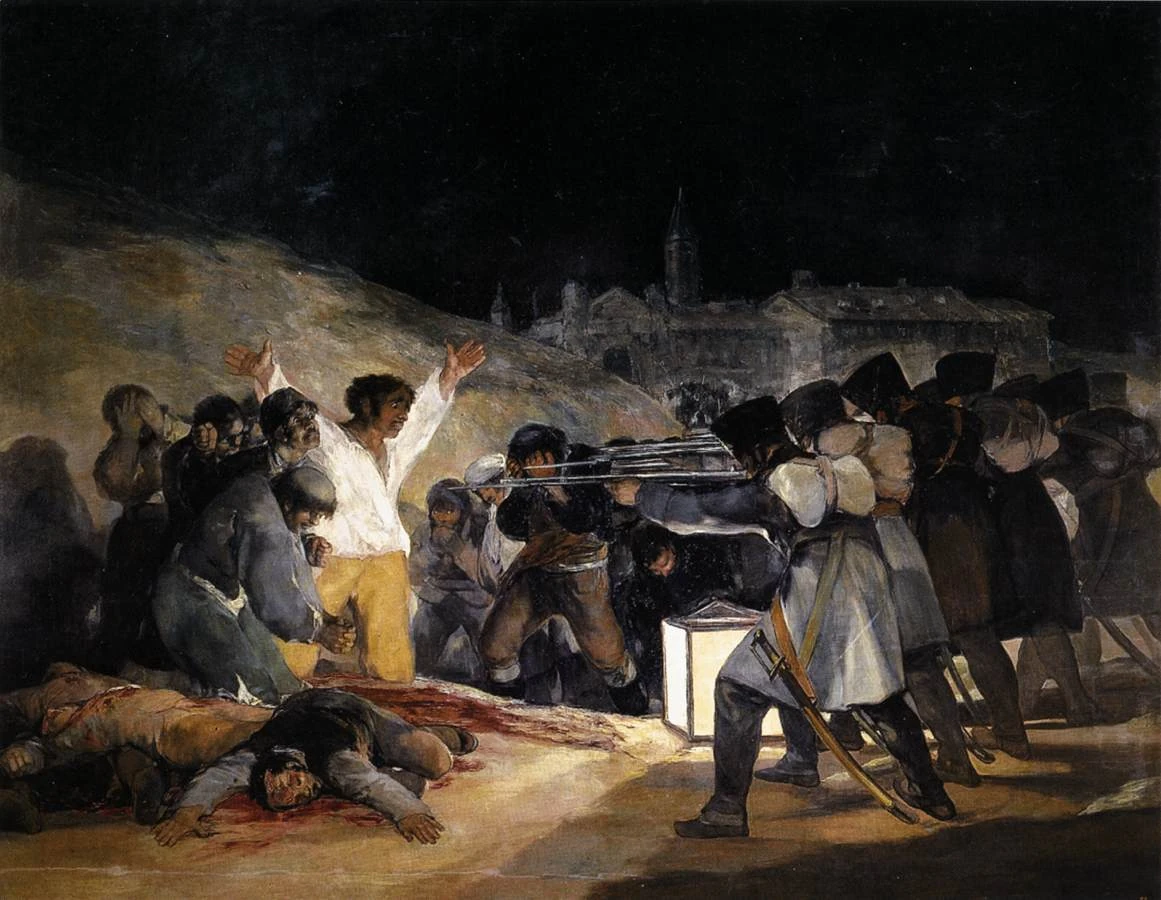 The Third of May 1808 by Francisco Goya, with lantern light isolating the man in white and the bodies on the ground