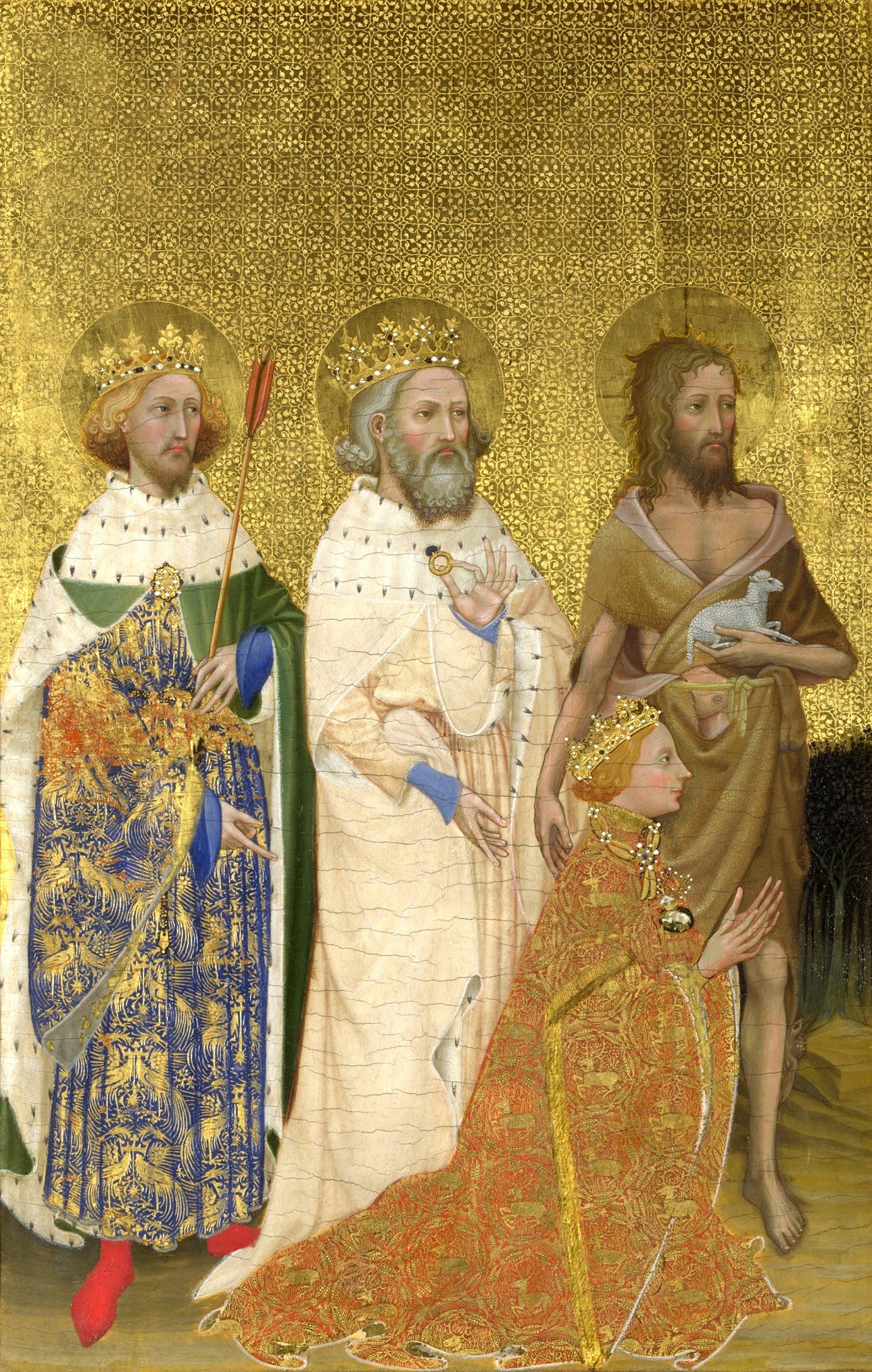Detail of the left panel of The Wilton Diptych with Richard II kneeling before three saints