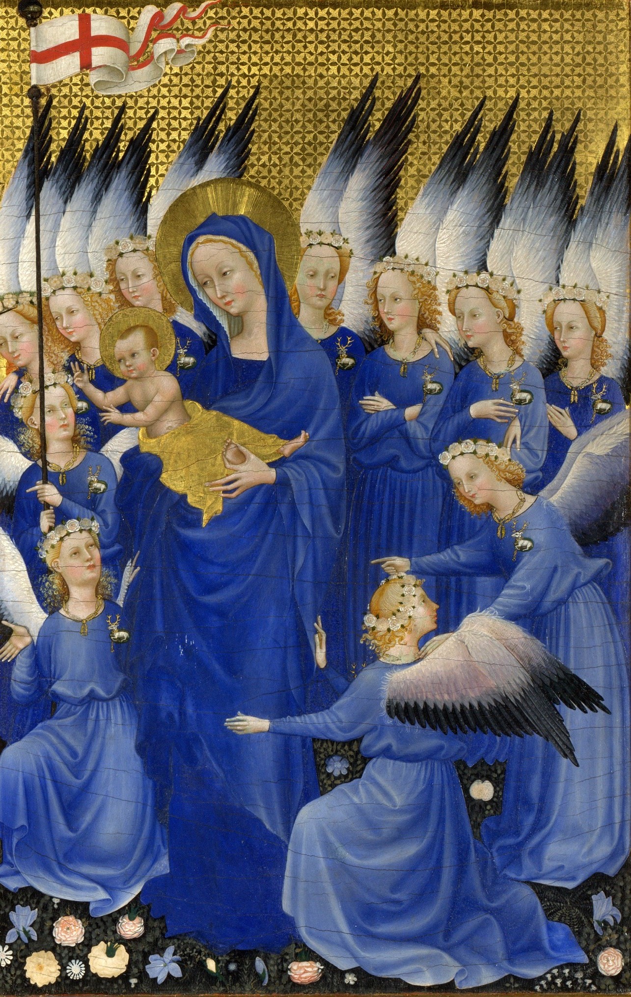 Detail of the right panel of The Wilton Diptych with the Virgin, Christ Child, and angels wearing white hart badges